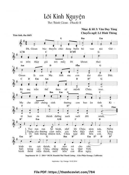 Lời kinh nguyện - Văn Duy Tùng - Thơ: Thánh Giáo Hoàng Gioan Phaolô II (Lê Đình Thông chuyển dịch) - trang 1