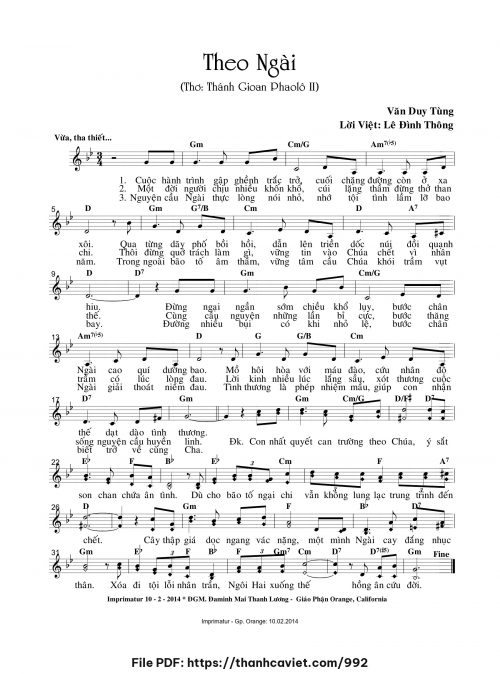 Theo Ngài - Văn Duy Tùng - Thơ: Thánh Giáo Hoàng Gioan Phaolô II (Lê Đình Thông chuyển dịch) - trang 1