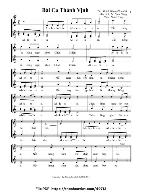 Bài ca Thánh Vịnh - Phạm Trung - Thơ: Thánh Giáo Hoàng Gioan Phaolô II (Lê Đình Thông chuyển dịch) - trang 1