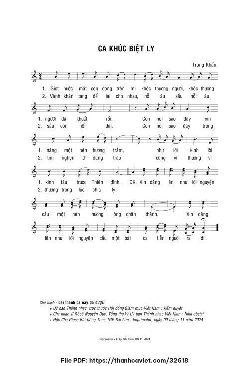 Ca khúc biệt ly - Lm. Trọng Khẩn - trang 1