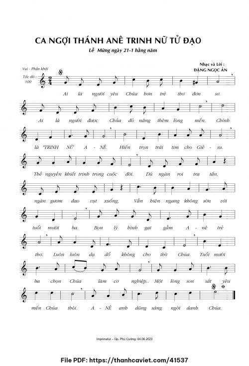 Ca ngợi Thánh ANÊ trinh nữ Tử Đạo - Đặng Ngọc Ẩn - trang 1
