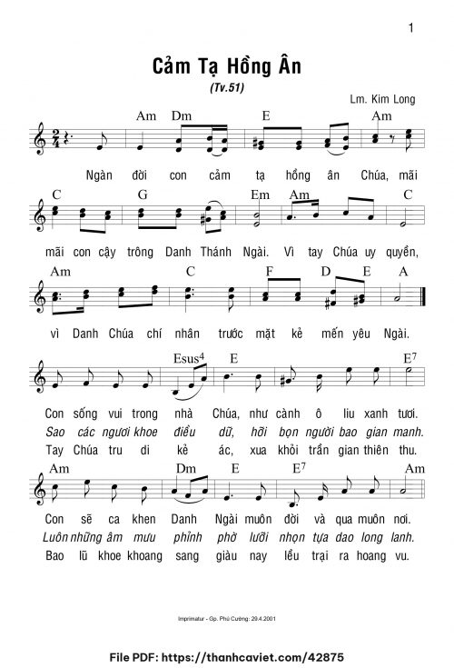 Cảm tạ hồng ân - Lm. Kim Long - trang 1