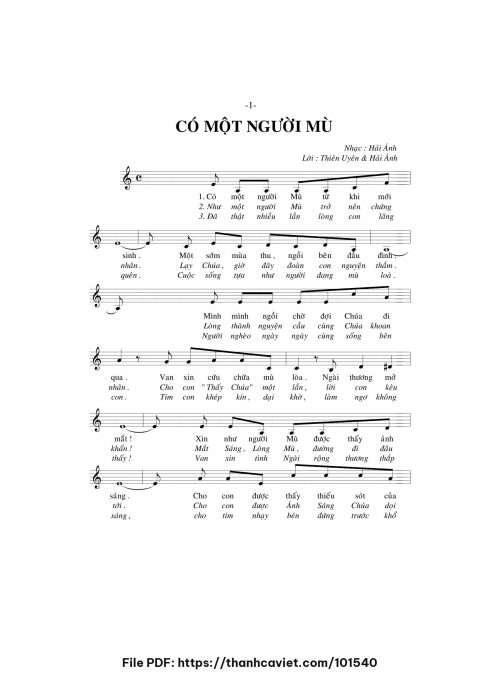 Có một người mù - Hải Ánh - Lời: Sr. Thiên Uyên - Hải Ánh - trang 1