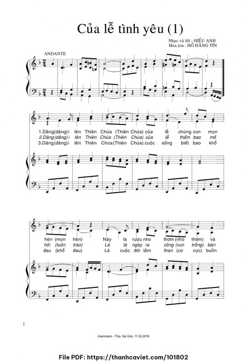Của lễ tình yêu [1] - Hiếu Anh (Hòa âm cho Piano: Hồ Đăng Tín) - trang 1