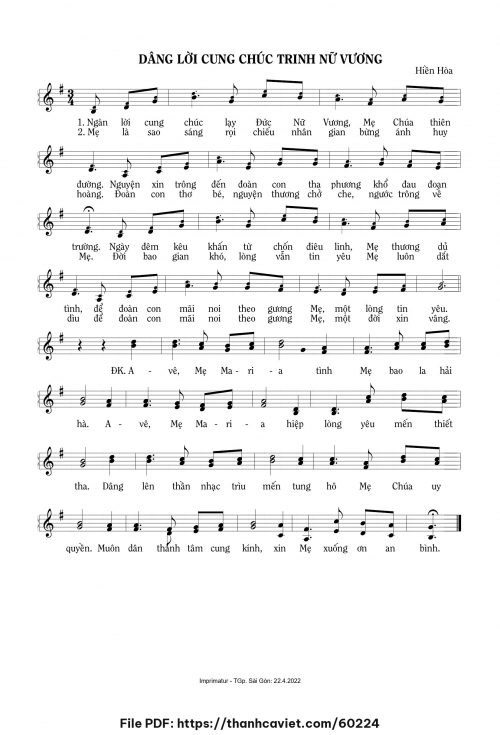 Dâng lời cung chúc Trinh Nữ vương - Sr. Hiền Hòa - trang 1