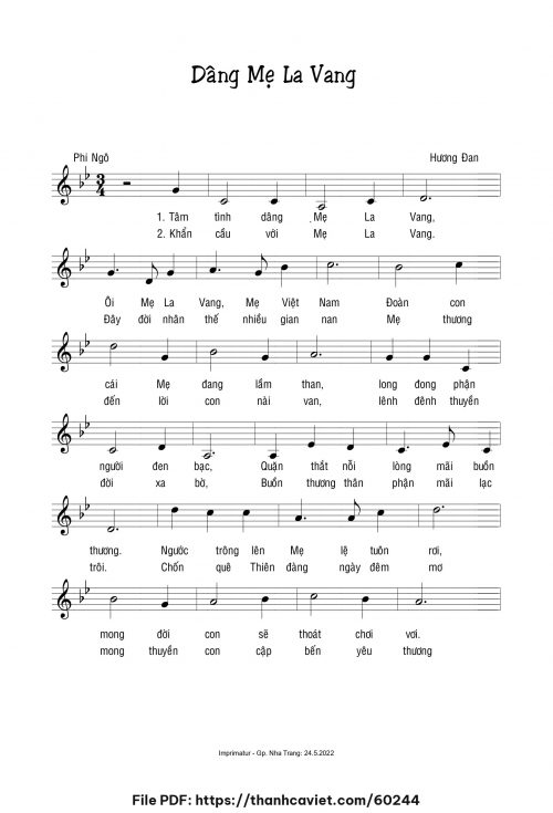 Dâng Mẹ La Vang - Sr. Hương Đan - Ý thơ: Phi Ngô - trang 1