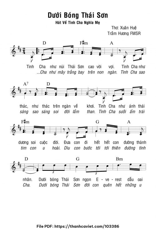 Dưới bóng Thái Sơn - Sr. Trầm Hương - Thơ: Xuân Huệ - trang 1