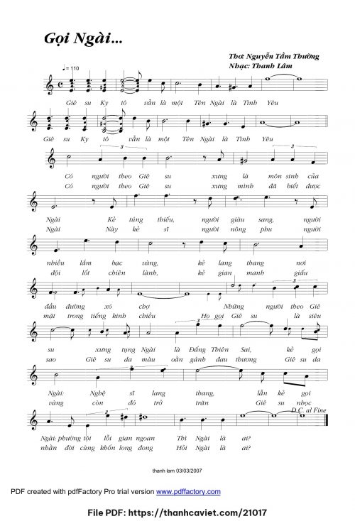 Gọi Ngài - Thanh Lâm (Song Mộc) - Thơ: Lm. Nguyễn Tầm Thường - trang 1