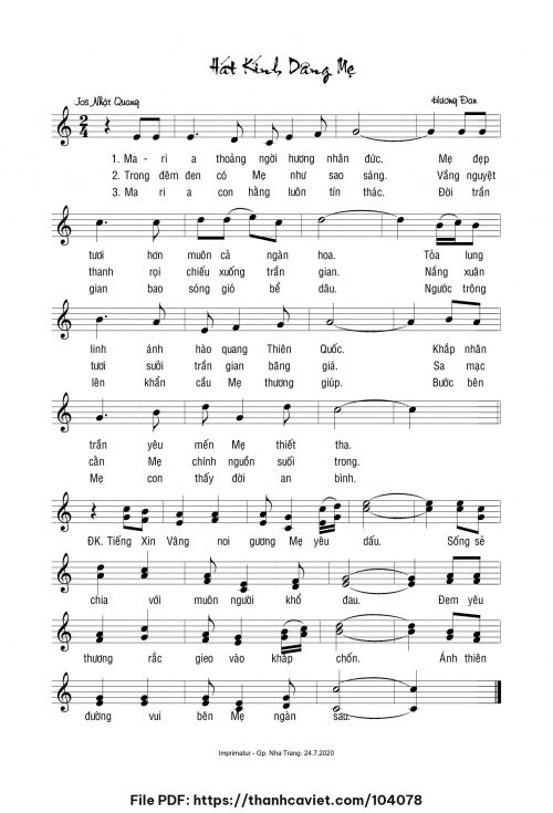 Hát kính dâng Mẹ - Sr. Hương Đan - Thơ: Jos Nhật Quang - trang 1
