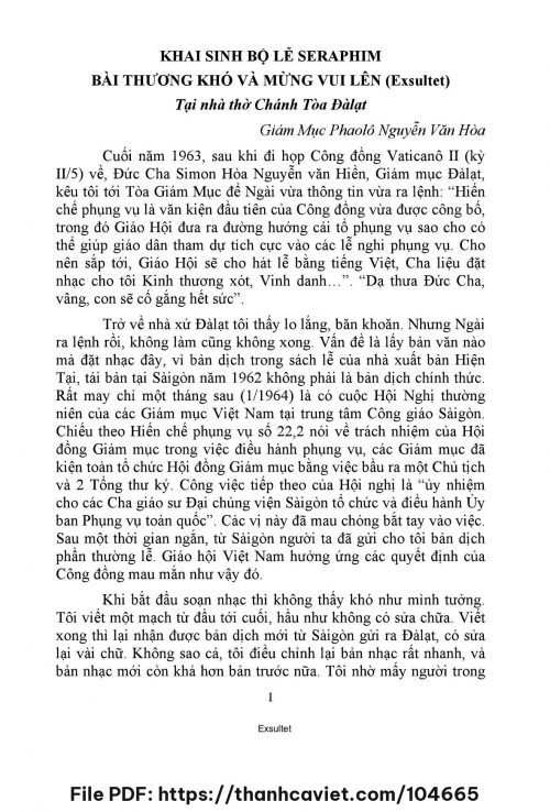Khai sinh Bộ Lễ Seraphim – Bài Thương Khó và Mừng Vui Lên - Gm. Nguyễn Văn Hòa - trang 1