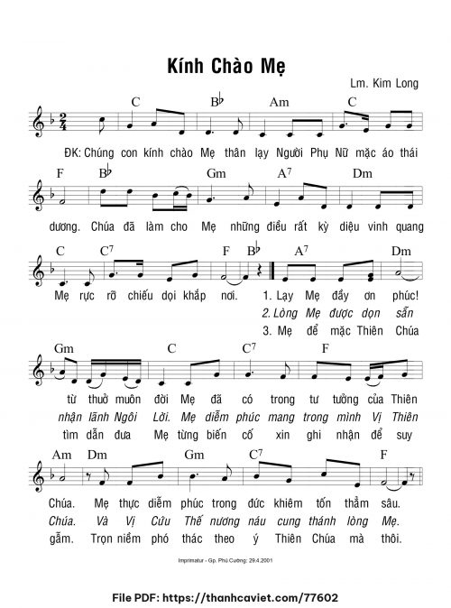 Kính chào Mẹ - Lm. Kim Long - trang 1