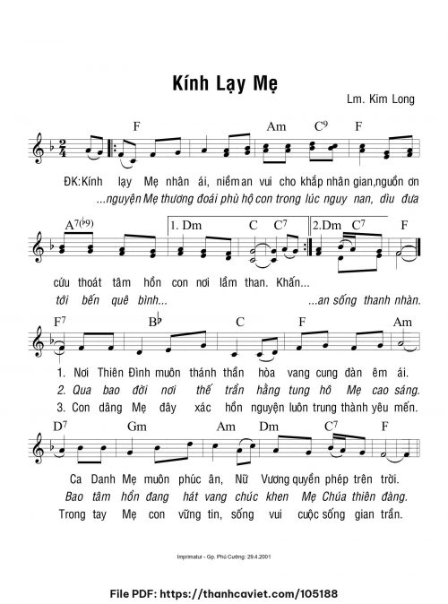 Kính lạy Mẹ - Lm. Kim Long - trang 1
