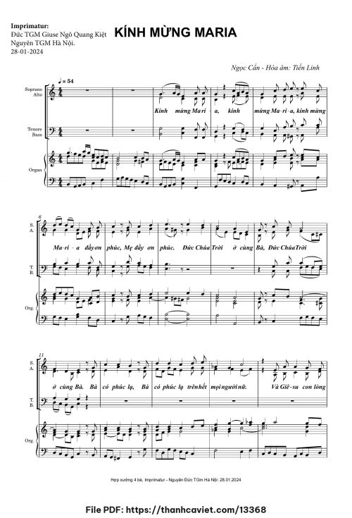 Kính Mừng Maria - Ngọc Cẩn (Hòa âm: Tiến Linh) - trang 1
