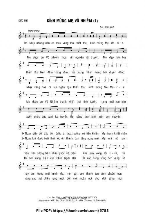 Kính mừng Mẹ Vô Nhiễm 1 - Lm. Bùi Ninh - trang 1