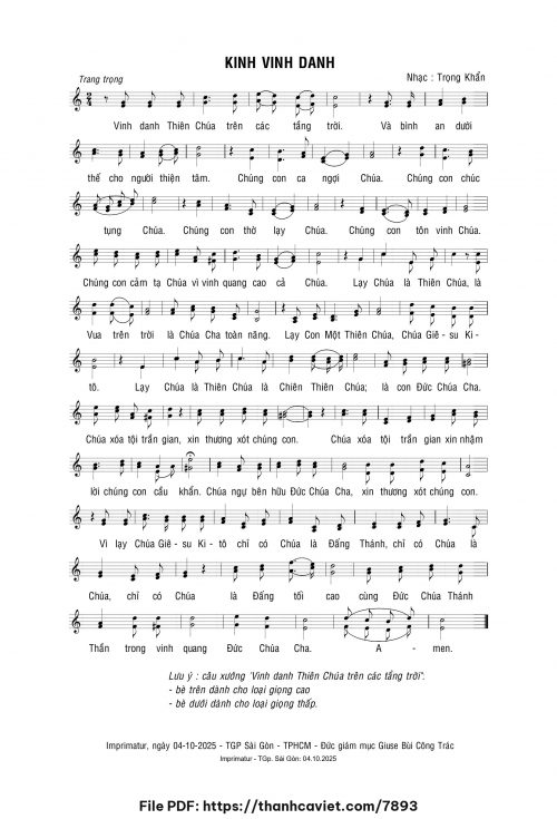 Kinh Vinh Danh - Lm. Trọng Khẩn - trang 1