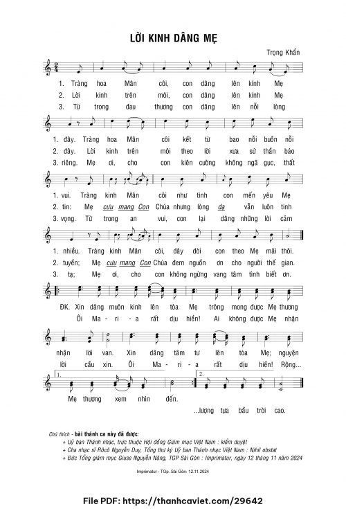 Lời kinh dâng Mẹ - Lm. Trọng Khẩn - trang 1