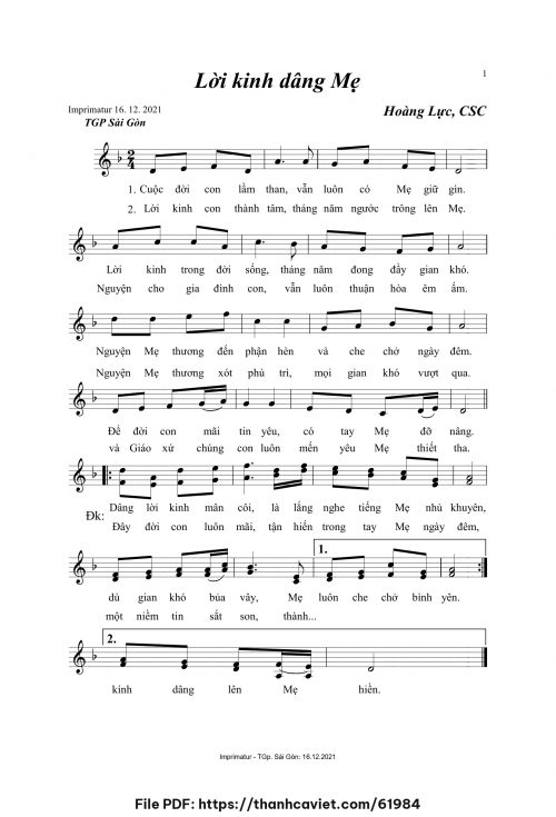 Lời kinh dâng Mẹ - Hoàng Lực, CSC - trang 1