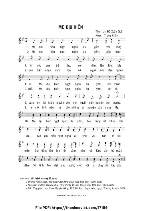 Mẹ dịu hiền - Lm. Trọng Khẩn - Thơ: Lm. Đỗ Xuân Quế - trang 1