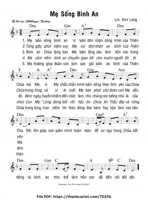 Mẹ sống bình an - Lm. Kim Long - trang 1