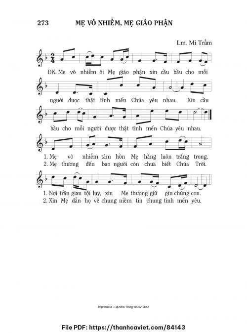 Mẹ Vô Nhiễm, Mẹ Giáo phận - Lm. Mi Trầm - trang 1