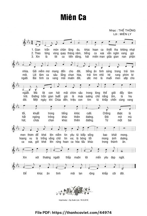 Miên ca - Thế Thông - Lời: Miên Ly - trang 1