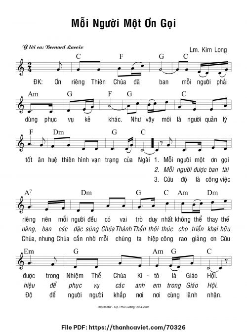 Mỗi người một ơn gọi - Lm. Kim Long - trang 1