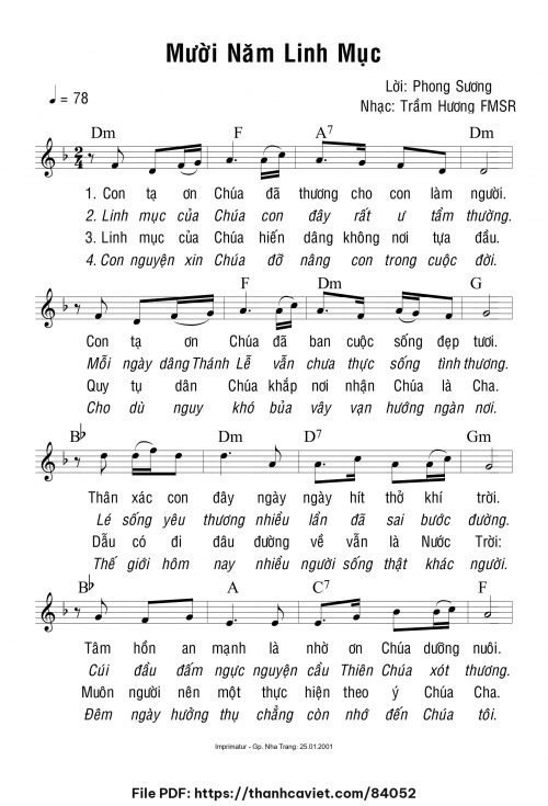 Mười năm Linh mục - Sr. Trầm Hương - Lời: Phong Sương - trang 1