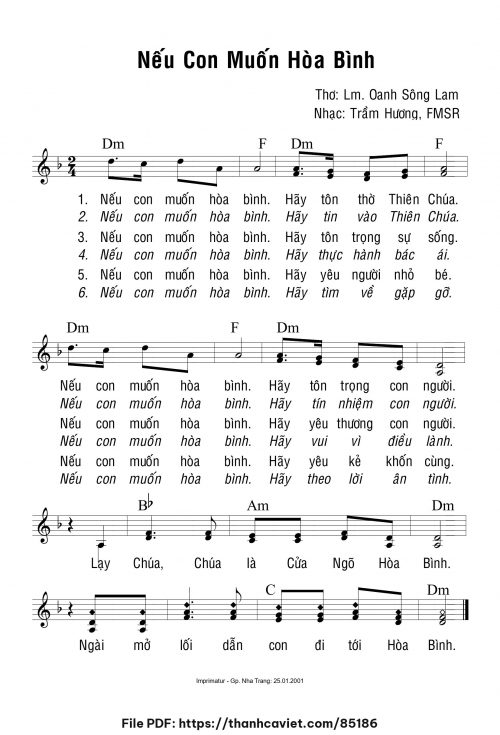 Nếu con muốn hòa bình - Sr. Trầm Hương - Thơ: Lm. Oanh Sông Lam - trang 1