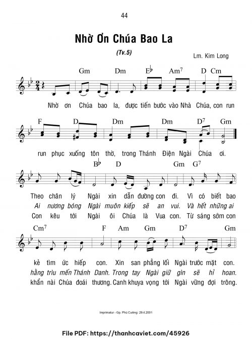 Nhờ ơn Chúa bao la - Lm. Kim Long - trang 1