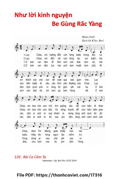 Như lời kinh nguyện [Be Gùng Răc Yàng] - Lm. Minh Chiết - Dịch lời K ho: Brel - trang 1