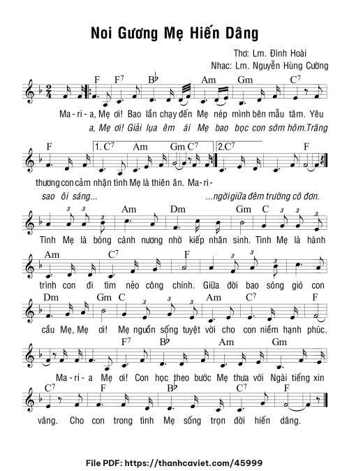Noi gương Mẹ hiến dâng - Lm. Nguyễn Hùng Cường - Thơ: Lm. Đình Hoài - trang 1
