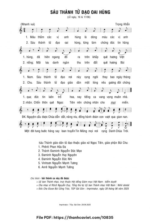 Sáu Thánh Tử Đạo oai hùng - Lm. Trọng Khẩn - trang 1