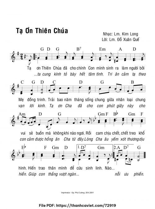 Tạ ơn Thiên Chúa - Lm. Kim Long - trang 1