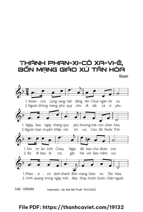 Thánh Phanxicô Xaviê, Bồn mạng Giáo xứ Tân Hòa - Vinam - trang 1
