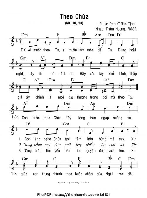Theo Chúa - Sr. Trầm Hương - Lời: Đan sĩ Bảo Tịnh - trang 1
