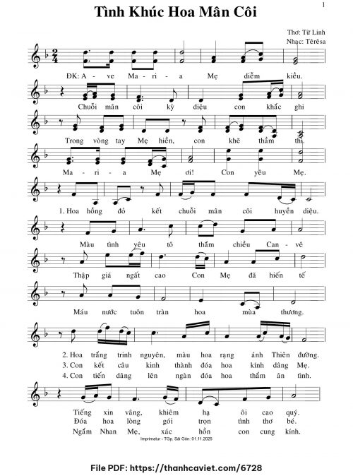 Tình khúc hoa Mân Côi - Sr. Têrêsa - Thơ: Từ Linh - trang 1