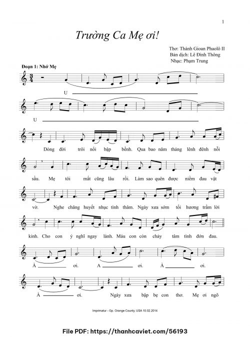 Trường ca Mẹ ơi - Phạm Trung - Thơ: Thánh Giáo Hoàng Gioan Phaolô II (Lê Đình Thông chuyển dịch) - trang 1