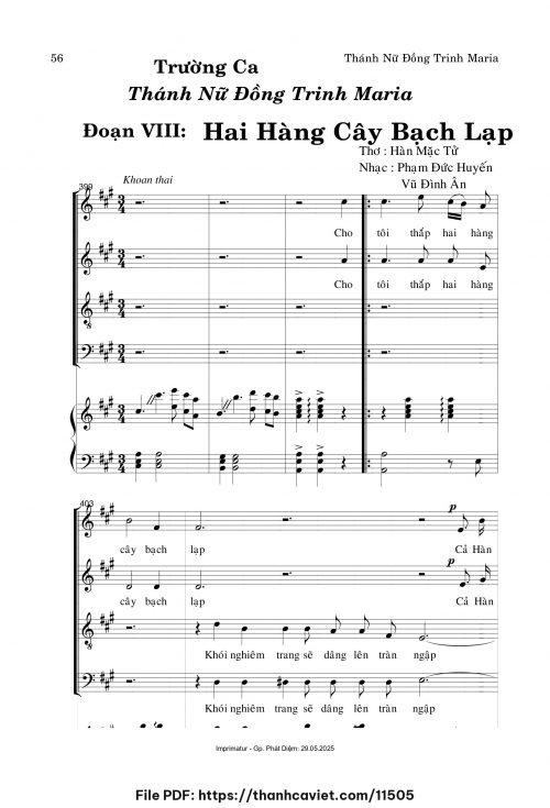 Trường ca TNĐT Maria – Đoạn VIII: Hai Hàng Cây Bạch Lạp - Phạm Đức Huyến - Vũ Đình Ân - Thơ: Hàn Mặc Tử - trang 1