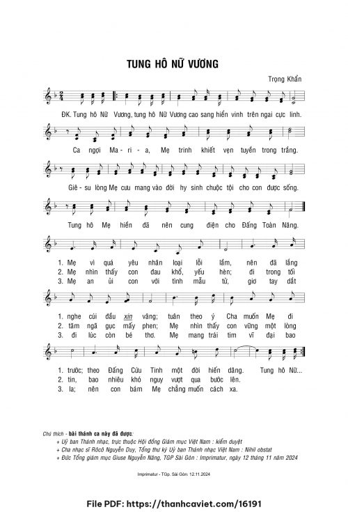 Tung hô Nữ Vương - Lm. Trọng Khẩn - trang 1