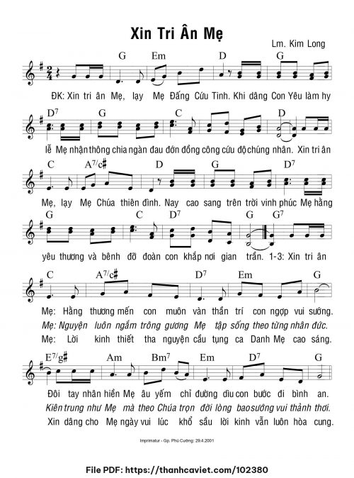 Xin tri ân Mẹ - Lm. Kim Long - trang 1
