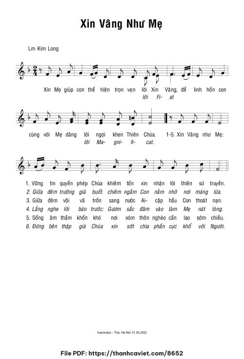 Xin vâng như Mẹ - Lm. Kim Long - trang 1