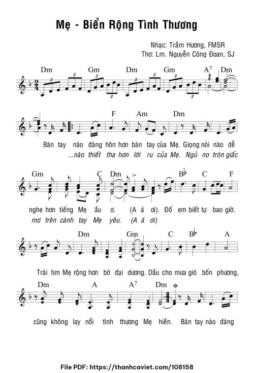 Mẹ, Biển rộng tình thương - Sr. Trầm Hương - Thơ: Lm. Nguyễn Công Đoan, SJ - trang 1
