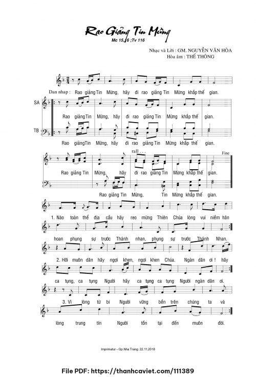 Rao giảng Tin Mừng - Gm. Nguyễn Văn Hòa - Hòa âm: Thế Thông - trang 1